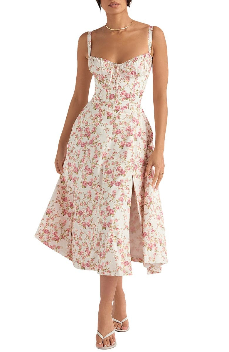Damen Florales Maxi-Kleid | Elegantes Neckholder Kleid mit Rückenschnürung & Seitenschlitz | Sommerkleid