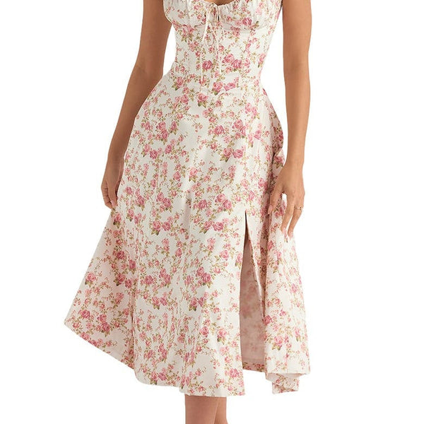 Damen Florales Maxi-Kleid | Elegantes Neckholder Kleid mit Rückenschnürung & Seitenschlitz | Sommerkleid