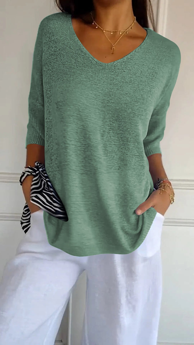 Kaitie™ Unifarbenes Stricktop mit V-Ausschnitt