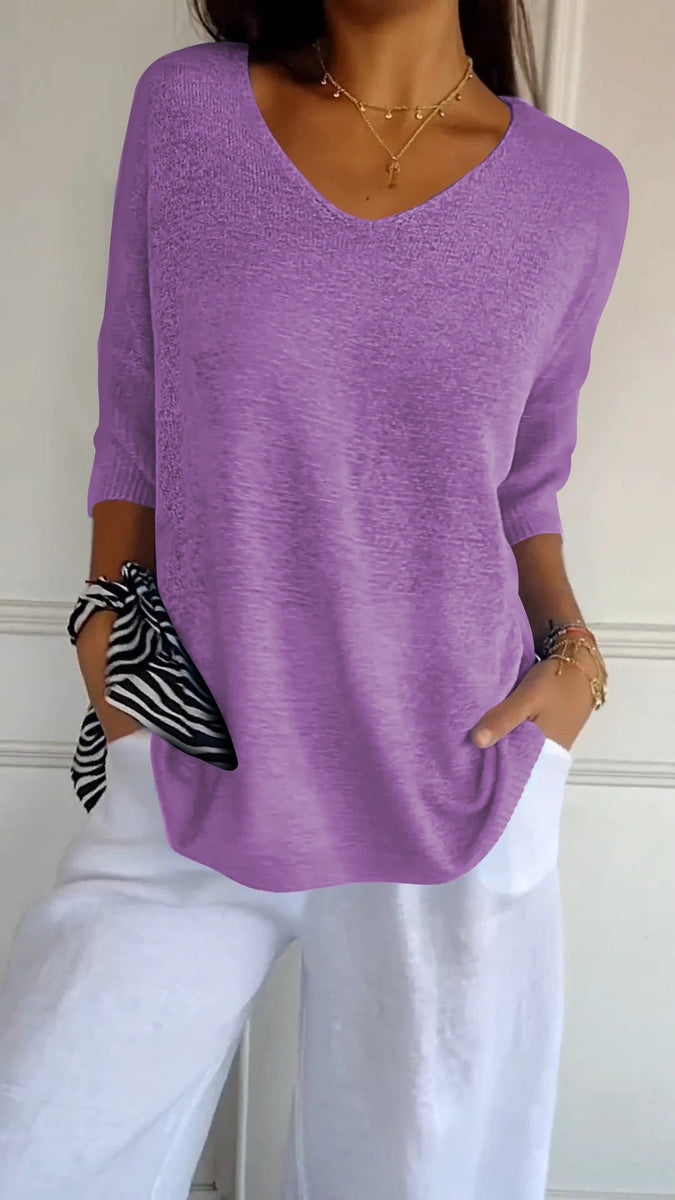 Damen Stricktop mit V-Ausschnitt | Mittellange Ärmel | Atmungsaktive, weiche Baumwolle | Einfarbig für Frühling & Sommer