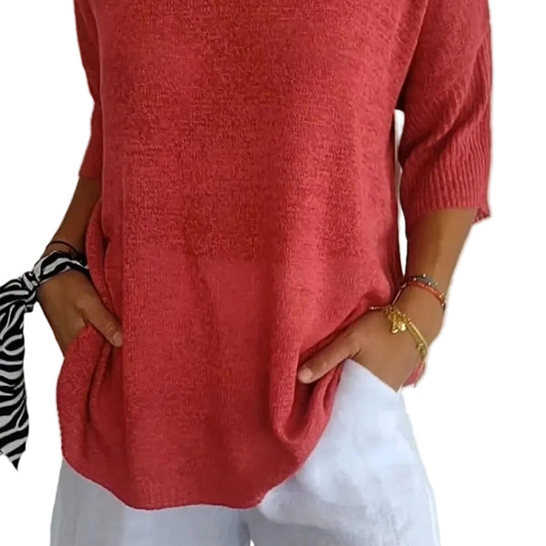 Damen Stricktop mit V-Ausschnitt | Mittellange Ärmel | Atmungsaktive, weiche Baumwolle | Einfarbig für Frühling & Sommer