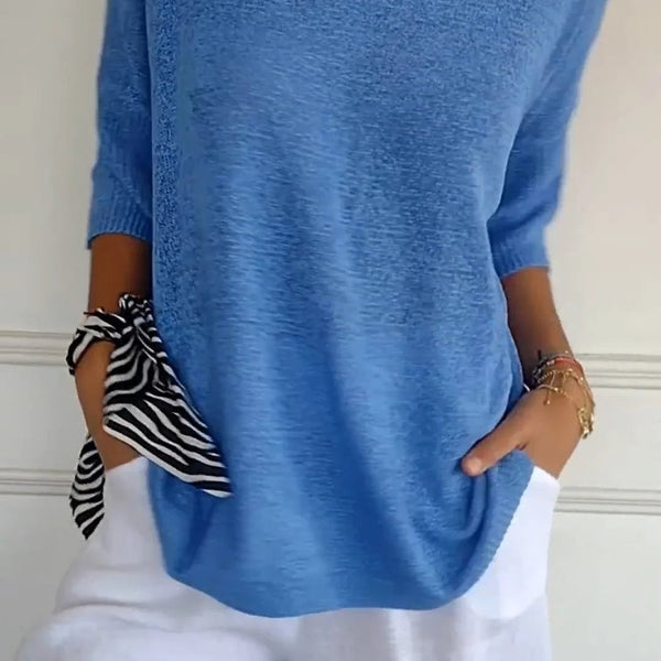 Damen Stricktop mit V-Ausschnitt | Mittellange Ärmel | Atmungsaktive, weiche Baumwolle | Einfarbig für Frühling & Sommer