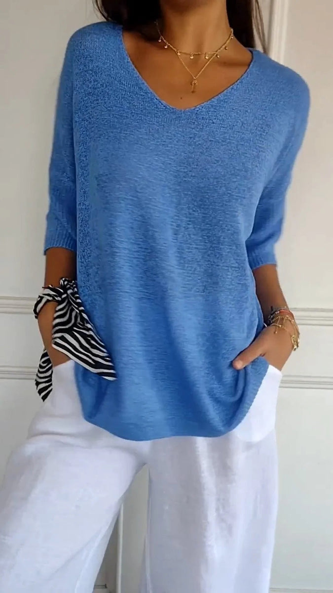 Kaitie™ Unifarbenes Stricktop mit V-Ausschnitt