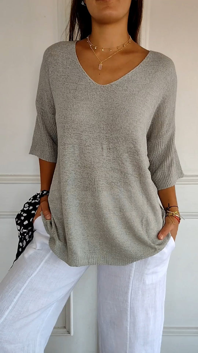 Kaitie™ Unifarbenes Stricktop mit V-Ausschnitt