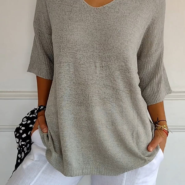 Kaitie™ Unifarbenes Stricktop mit V-Ausschnitt