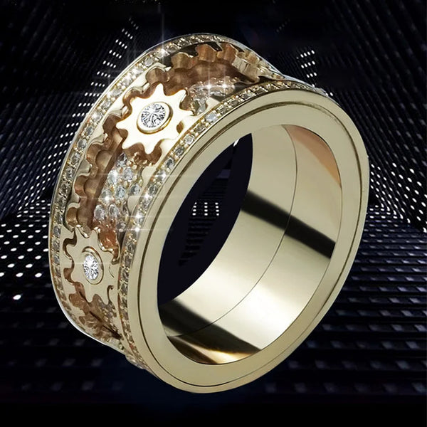 Drehbarer Damen Kristallring mit Zahnrädern | Fidget Ring aus Kupferlegierung | Bewegliche Elemente & Zirkonia-Besatz