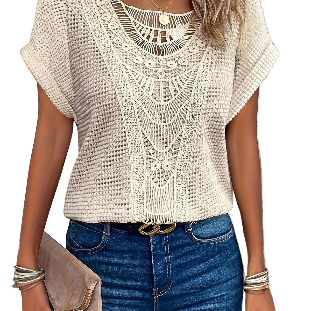 Damen Spitzen-Shirt mit Rundhals | Kurzarm Top elegant & bequem | Frühling/Sommer Basic vielseitig kombinierbar | Aiha
