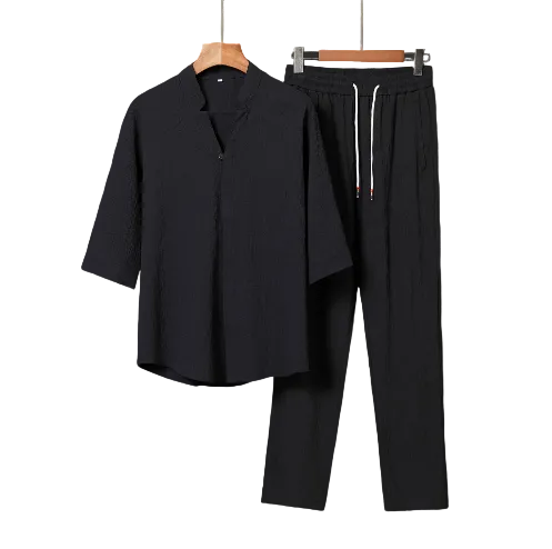 Herren Leinen-Look Sommer Set | Zweiteiliges Freizeit-Outfit mit Kordelzughose | Luftig & Atmungsaktiv