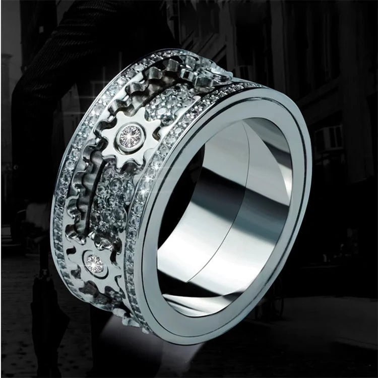 Drehbarer Damen Kristallring mit Zahnrädern | Fidget Ring aus Kupferlegierung | Bewegliche Elemente & Zirkonia-Besatz