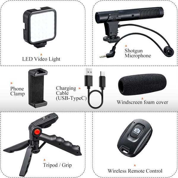 VlogMaster | Komplettes Vlogging-Kit | LED-Licht & Mikrofon | Bluetooth-Fernbedienung