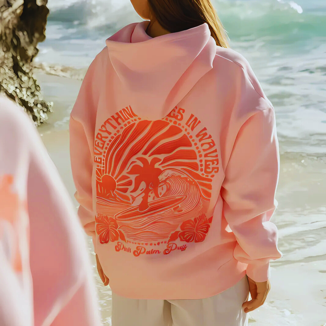 Damen Kapuzenpullover Sommer leicht & weich | Wellen Print Hoodie atmungsaktiv | Freizeit & Strand Sweatshirt für laue Abende