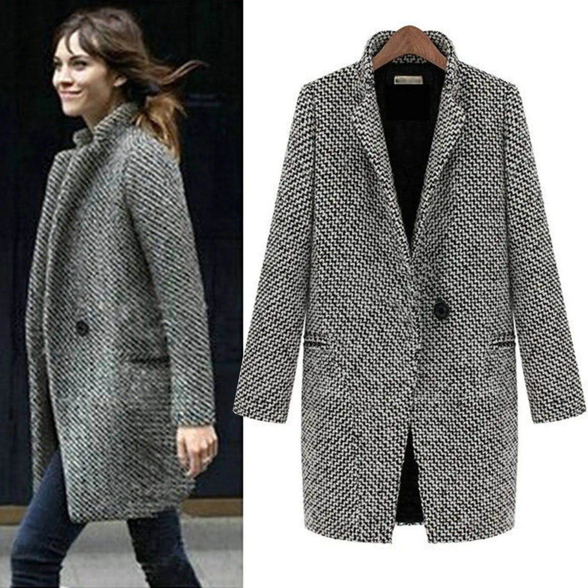 Vanessa | Damen Midi Jacke | Eleganter Hahnentritt | Figurbetonter Schnitt
