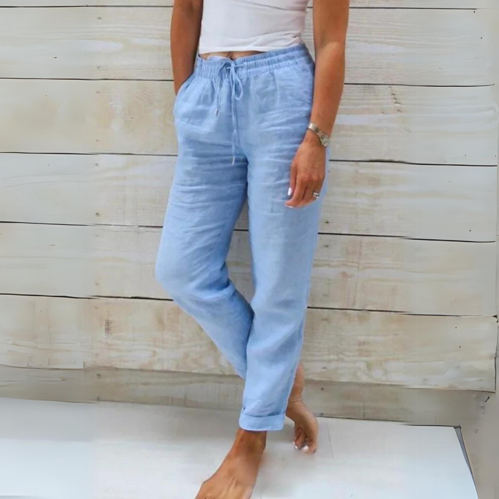 Damen Leinenhose mit elastischem Bund | Luftige Freizeithose mit weitem Bein | Bequeme Sommerhose