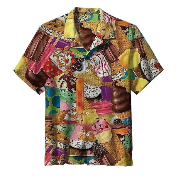 Herren Kurzarmhemd mit Eiscreme-Print | Luftiges Sommerhemd für Strand & Urlaub | Bequeme Freizeit-Passform