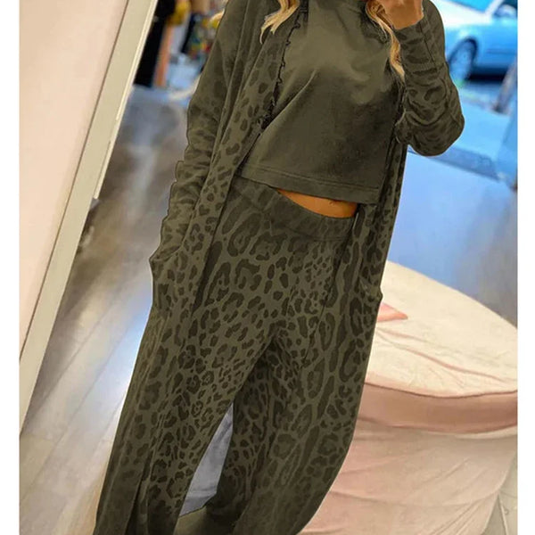 Heide™ Langärmelige Strickjacke mit Leopardenmuster und Hose mit elastischer Taille