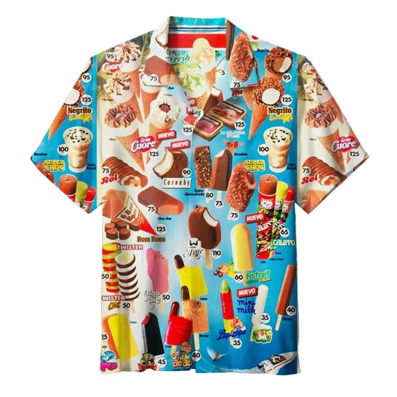 Herren Kurzarmhemd mit Eiscreme-Print | Luftiges Sommerhemd für Strand & Urlaub | Bequeme Freizeit-Passform