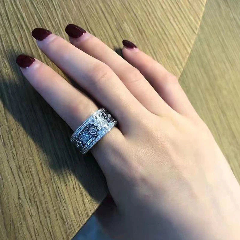 Drehbarer Damen Kristallring mit Zahnrädern | Fidget Ring aus Kupferlegierung | Bewegliche Elemente & Zirkonia-Besatz