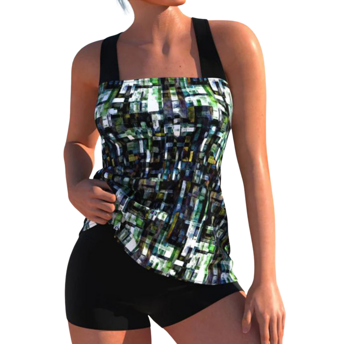 Damen Tankini | Zweiteilig | Quadratischer Ausschnitt & Druckmuster | Mit passender Shorts