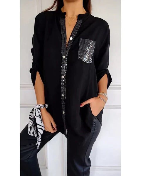 Damen Top mit Knöpfen & Pailletten | Weiche, atmungsaktive Stofftextur | Lässig-chic, schmeichelnde Passform