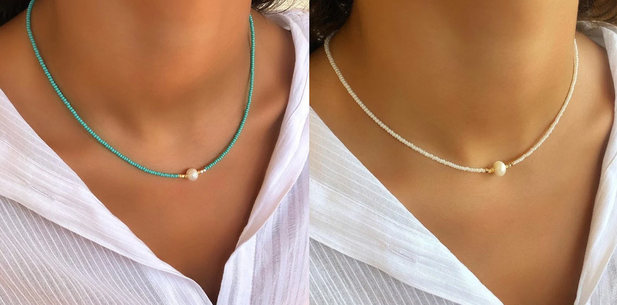 Perlen Halskette Damen handgefertigt | Süßwasserperlen Schmuck elegant | Zeitlose Damen Kette verstellbar