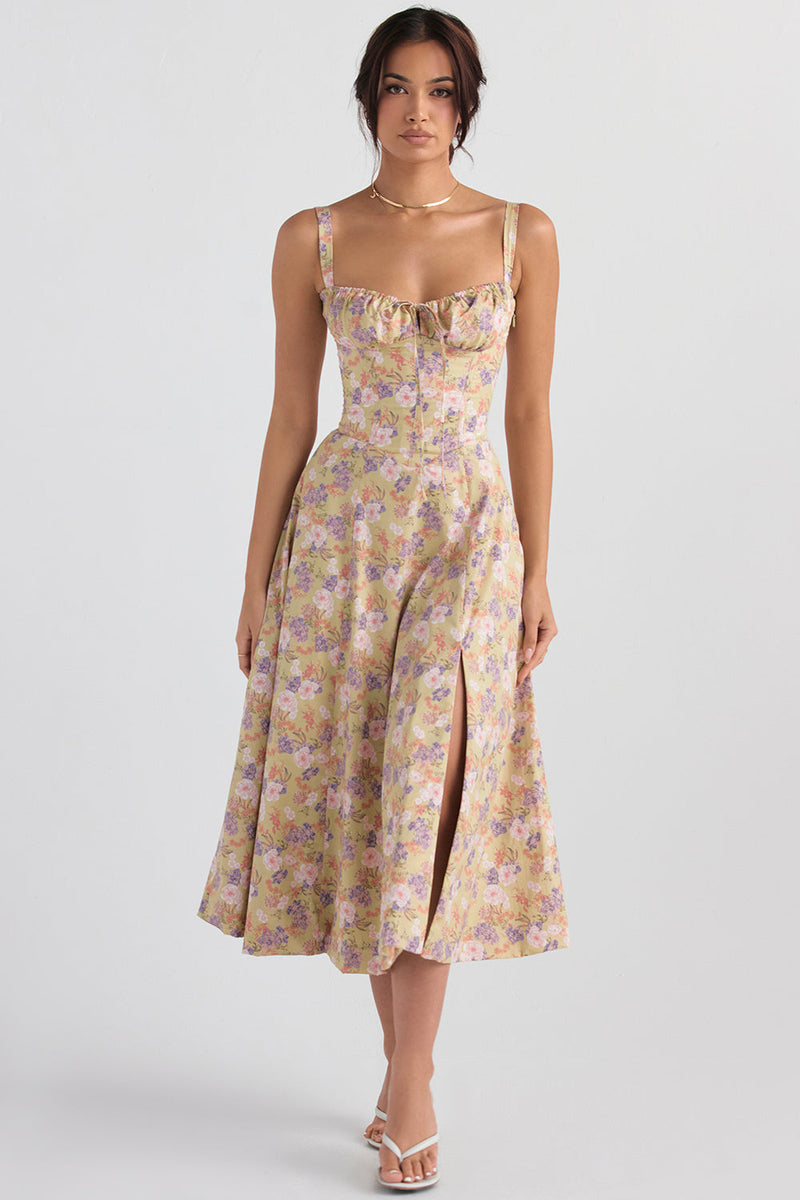 Damen Florales Maxi-Kleid | Elegantes Neckholder Kleid mit Rückenschnürung & Seitenschlitz | Sommerkleid