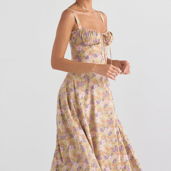 Damen Florales Maxi-Kleid | Elegantes Neckholder Kleid mit Rückenschnürung & Seitenschlitz | Sommerkleid