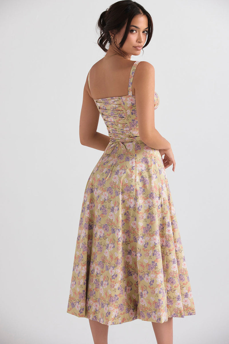 Damen Florales Maxi-Kleid | Elegantes Neckholder Kleid mit Rückenschnürung & Seitenschlitz | Sommerkleid