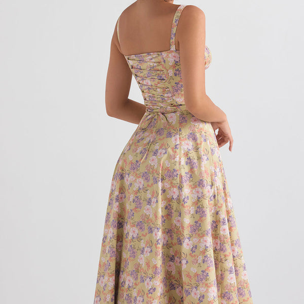 Damen Florales Maxi-Kleid | Elegantes Neckholder Kleid mit Rückenschnürung & Seitenschlitz | Sommerkleid