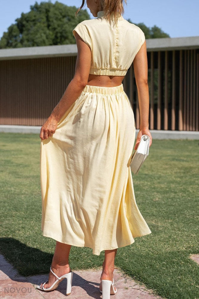 Sommer Midi-Kleid mit Rollkragen & Taillen-Cut-Out | figurbetont & elegant | ärmellos | vielseitig für Alltag & Abend