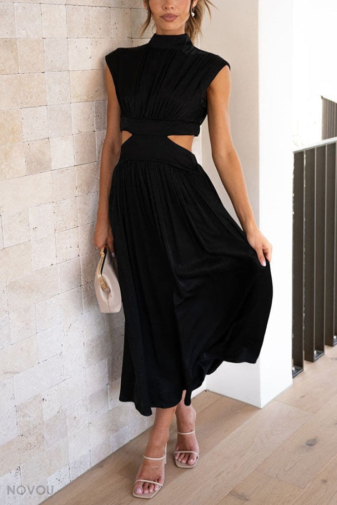 Sommer Midi-Kleid mit Rollkragen & Taillen-Cut-Out | figurbetont & elegant | ärmellos | vielseitig für Alltag & Abend