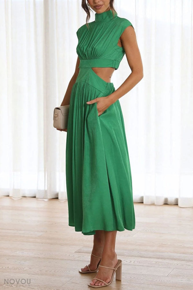 Sommer Midi-Kleid mit Rollkragen & Taillen-Cut-Out | figurbetont & elegant | ärmellos | vielseitig für Alltag & Abend