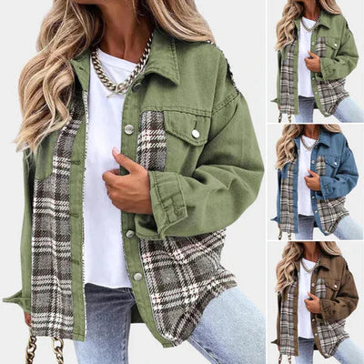 Naya | Damen Denim Jacke | Lässiger Schnitt | Karomuster & Umlegekragen