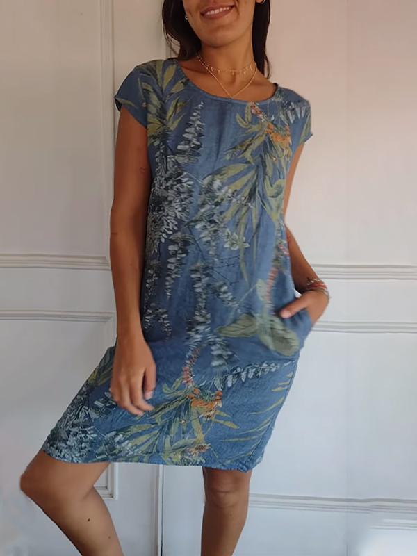 Damen Freizeitkleid | Lockeres knielanges Kleid mit Rundhalsausschnitt für Alltag, Büro und warme Tage