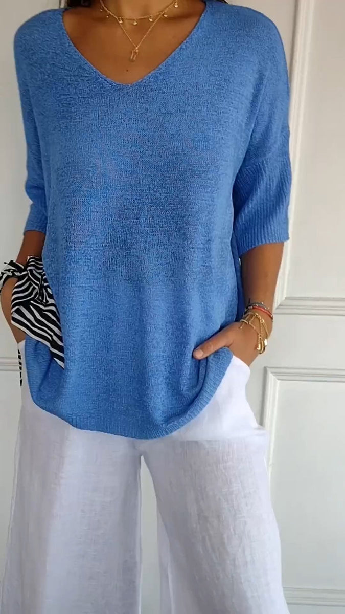Damen Stricktop mit V-Ausschnitt | Mittellange Ärmel | Atmungsaktive, weiche Baumwolle | Einfarbig für Frühling & Sommer