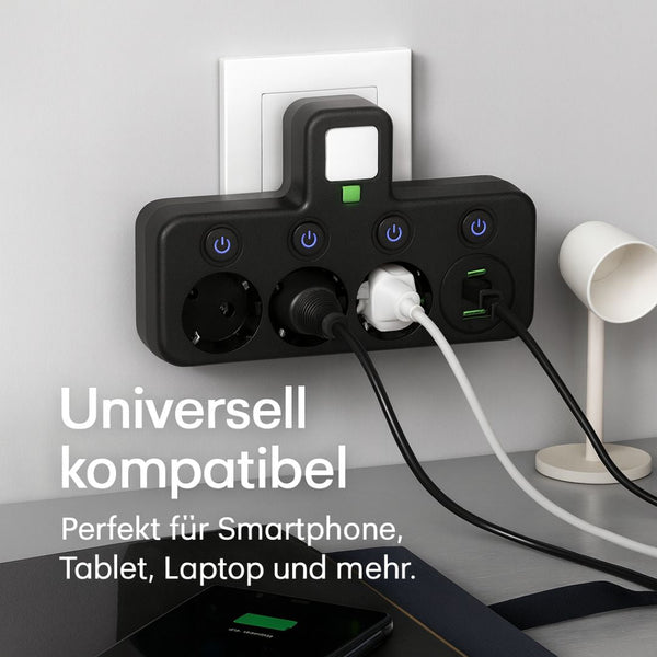 Steckdosenleiste mit 3 Steckdose | Mehrfachsteckdose mit USB & Schalter | PowerGrid