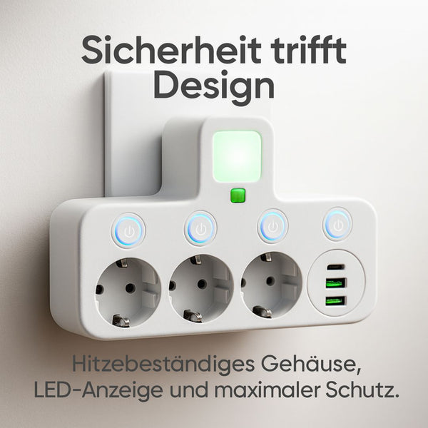 Steckdosenleiste mit 3 Steckdose | Mehrfachsteckdose mit USB & Schalter | PowerGrid
