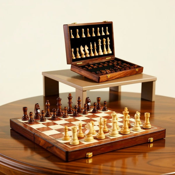 Schachspiel aus Holz | Schachbrett mit Schachfiguren | faltbar & tragbar | RoyalBrett