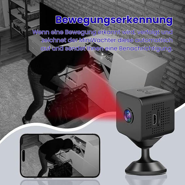 Überwachungskamera für außen & innen | Mini WLAN Kamera mit Live Übertragung auf Handy | Kabellos & Kompakt | MiniWächter